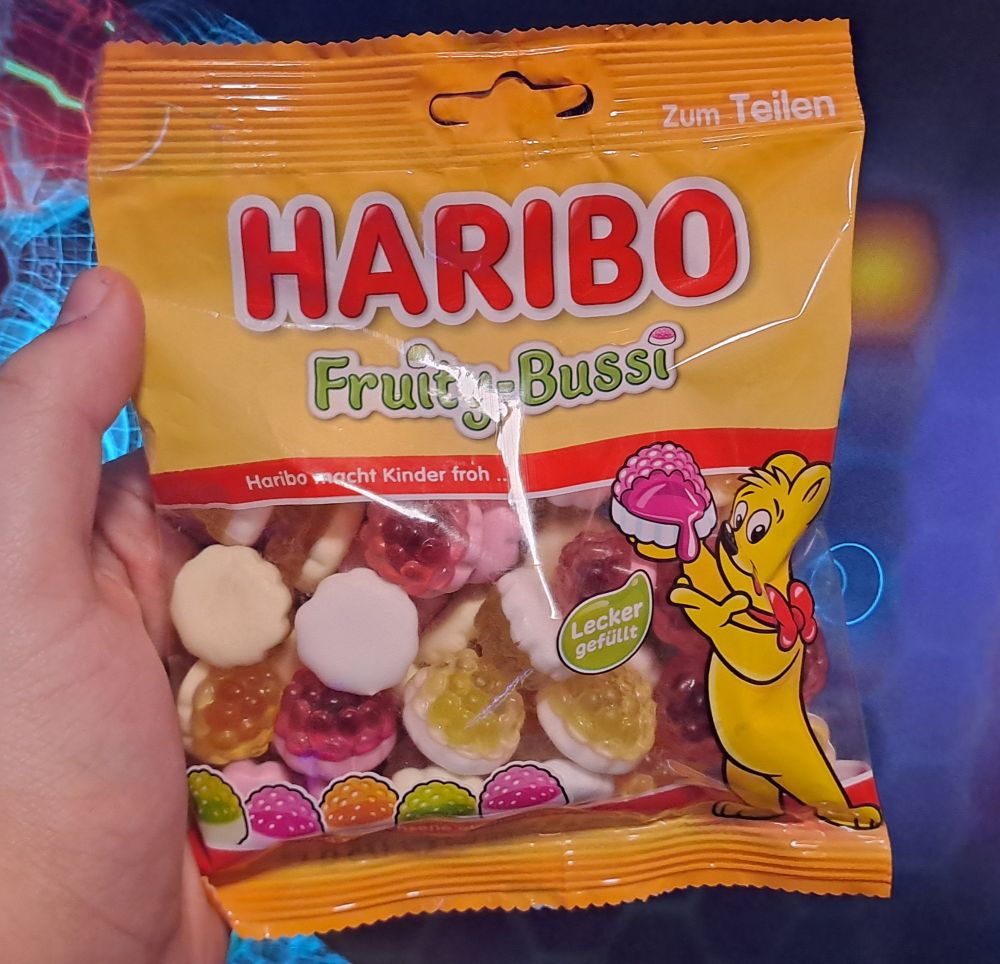 A bag of Haribo Fruity-Bussi gummies.