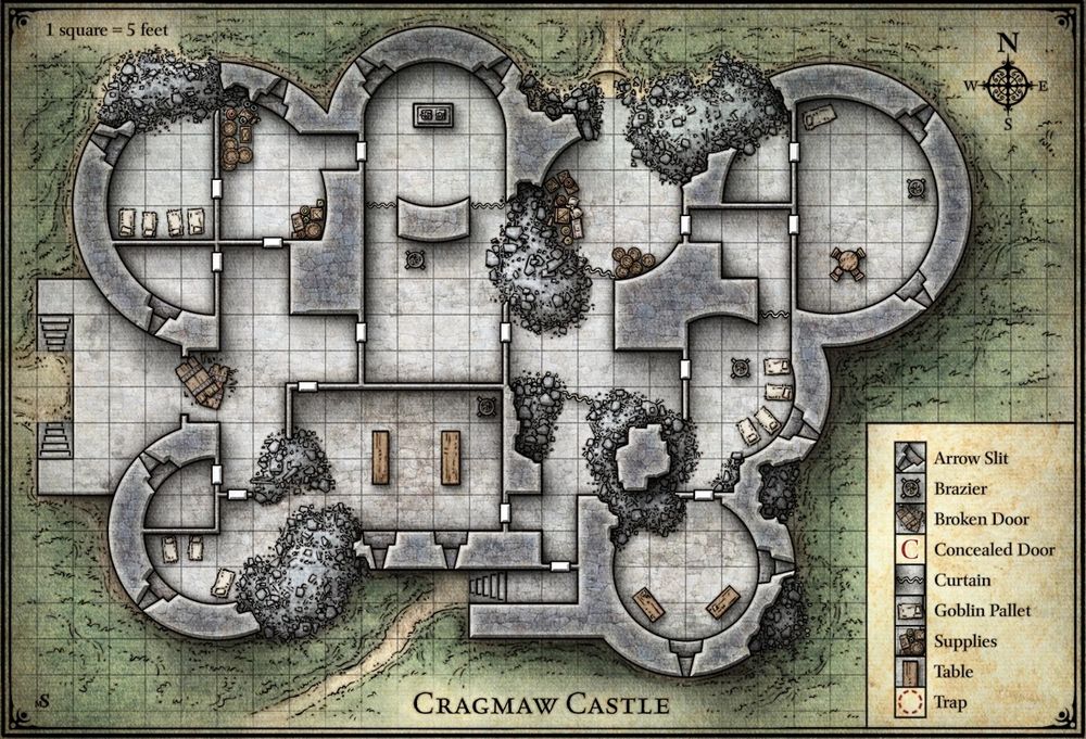 A D&D battle map for Cragmaw Castle showing thick, but crumbling grey walls surrounded by green grass, and a map legend on the bottom right.