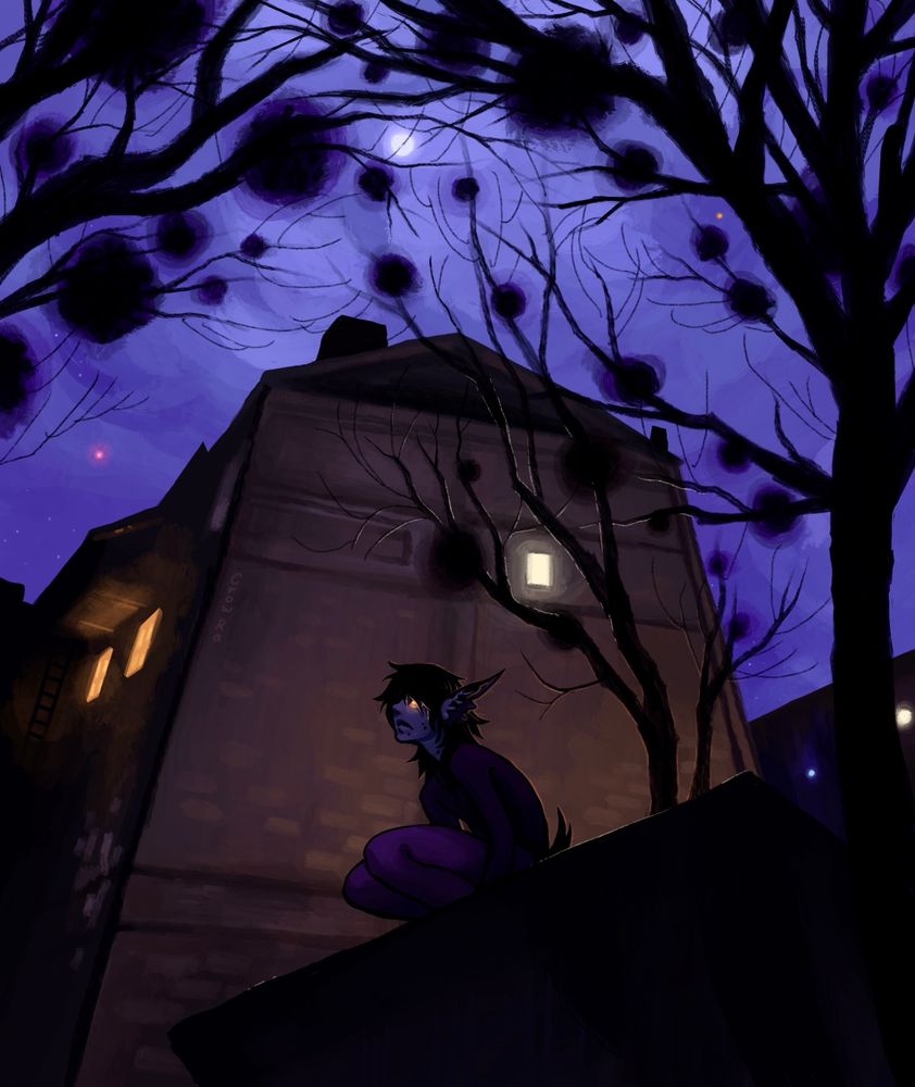 🌙 Digital Painting: Winter night without snow. A house towers above with glowing windows, the trees are infested with mistletoe, and a humanoid creature sits on a garage roof bellow. 🌙 Зимова ніч без снігу. Малюнок: Дім з теплими вікнами в задньому фоні, дерева вкриті омелою, звір хлопець сидить в низу на даху гаражу.