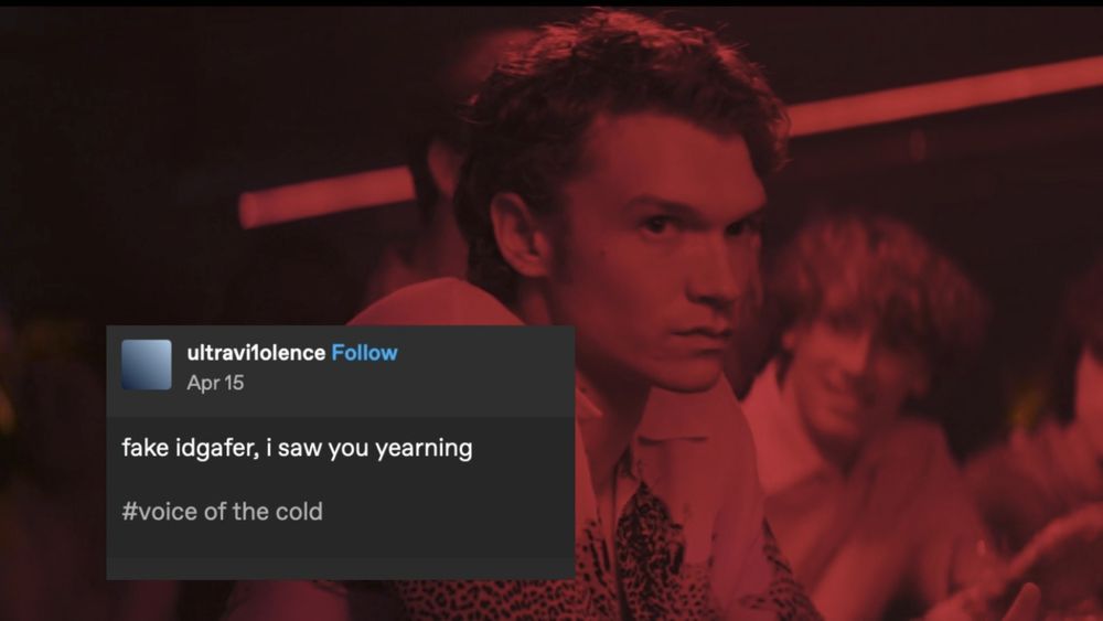 a screenshot from episode 4 of heated rivalry. ilya is pictured looking upset. the lights are red.

a screenshot of a tumblr post is superimposed on the image: "fake idgafer, i saw you yearning" 

meme credit: holyfuckingweed on Tumblr