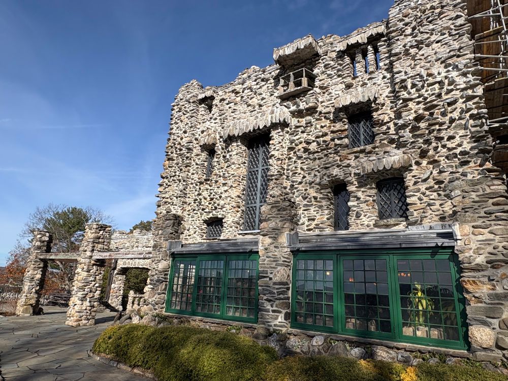 Photograph of Gillette Castle, a medieval-imitating manse constructed of mortared stone.