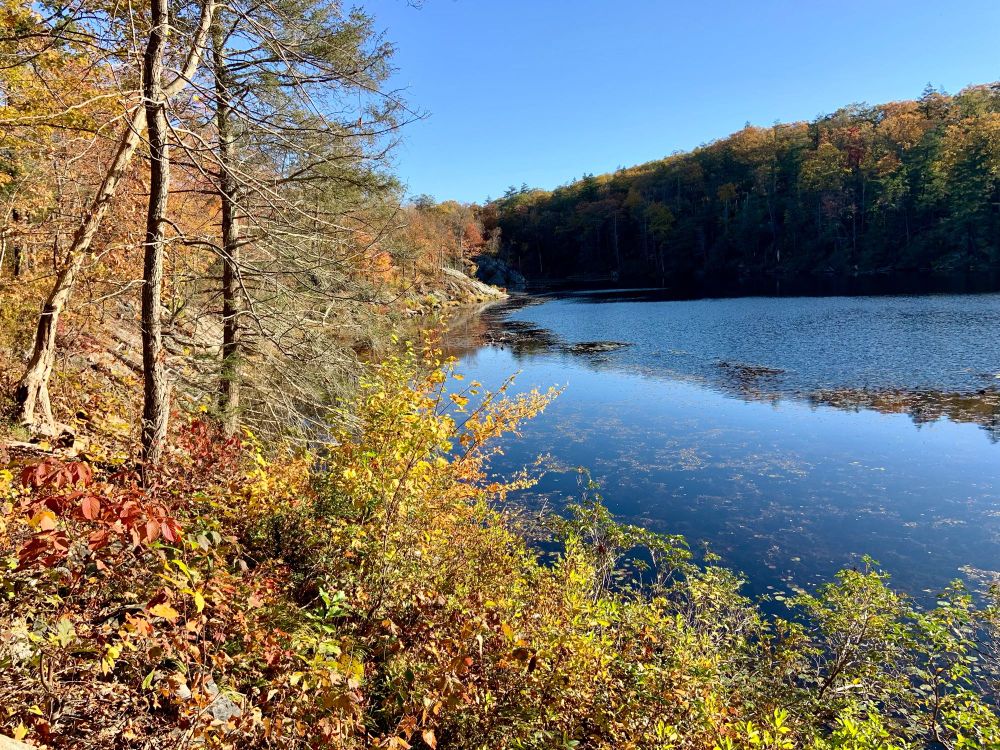 Photograph of a small lake surrounded by forested hills. The trees are in peak fall color.
