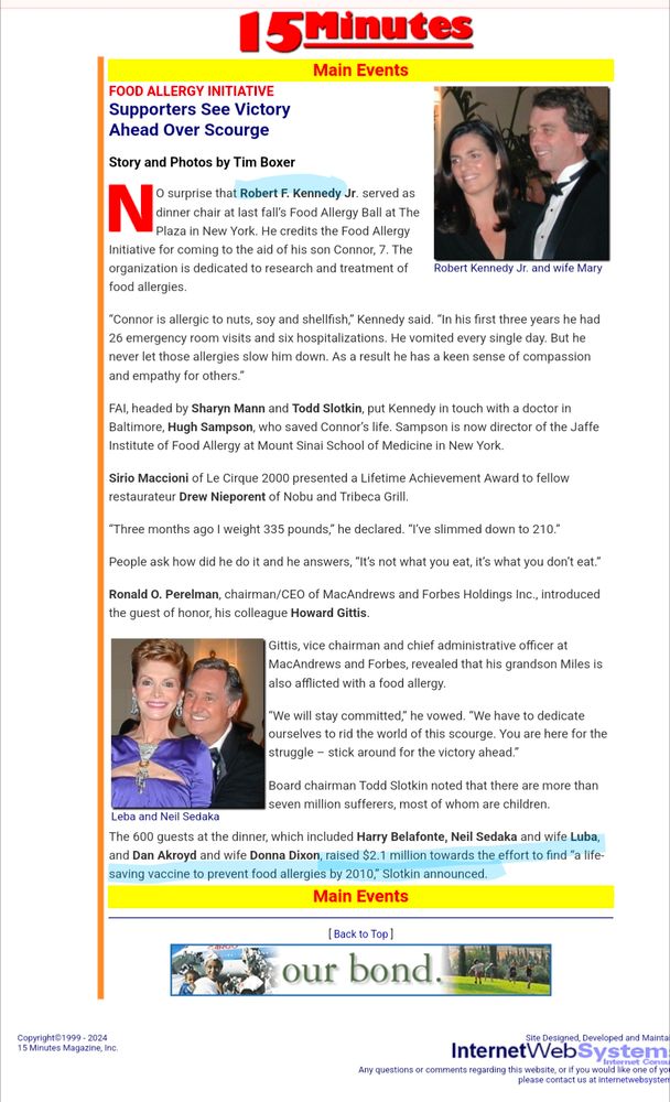 Screenshot from website covering a fundraiser to find a life-saving vaccine with Food Allergy Initiative in which RFK Jr. served as dinner chair. Credits Dr. Hugh Sampson for saving his son's life after severe food allergies.