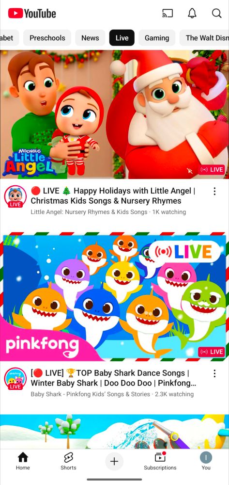 YouTube live screenshot. Baby Shark and other kid earworms live (?) streaming.