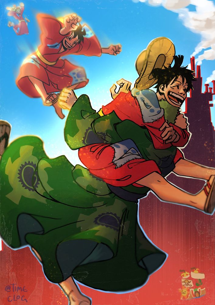 digital art poster depicting One Piece characters Monkey D. Luffy and Zoro embracing in a hug after Luffy falls from the sky. There is a tiny drawing of their ship, the Thousand Sunny, in the corner.