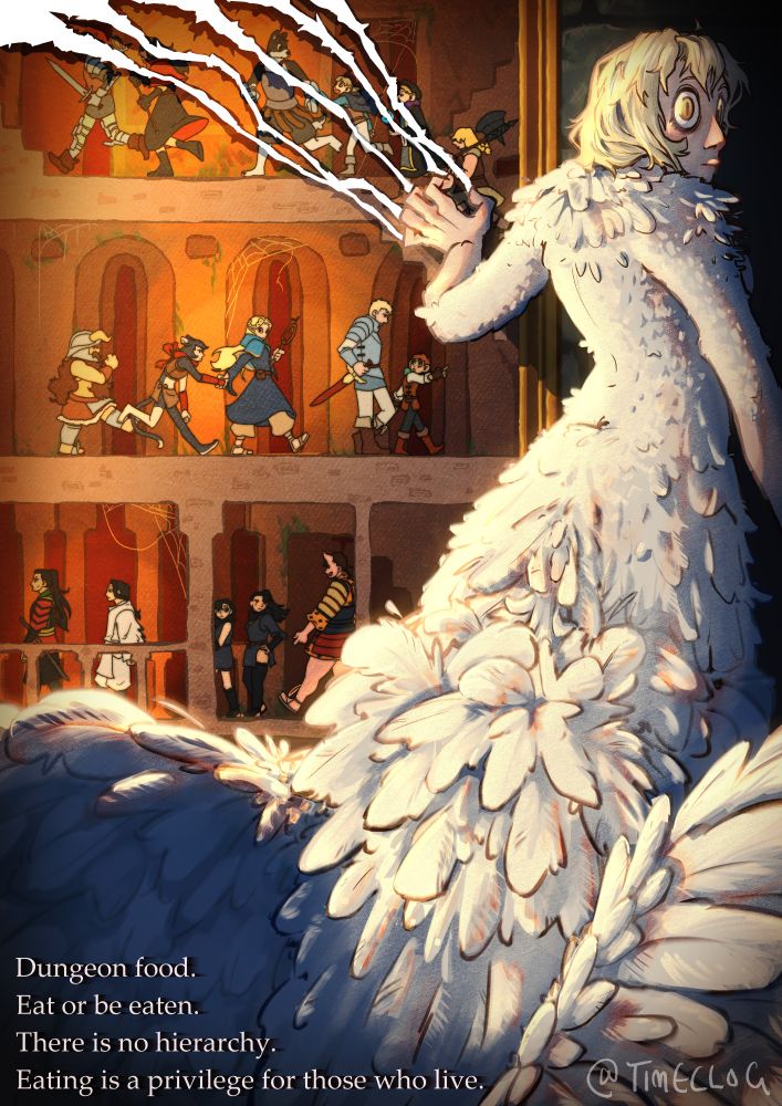 digital art illustration depicting Falin from Dungeon Meshi ripping apart a painting of various other characters from the show running through the dungeon. Text at the bottom reads, "Dungeon Food. Eat or be eaten. There is no hierarchy. Eating is a privilege for those who live."