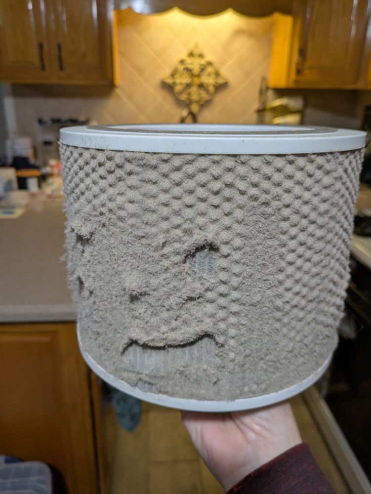 Dirty air filter with bumps that happen to look like a cranky face