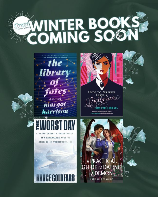 graphic of upcoming winter titles for Context Literary 