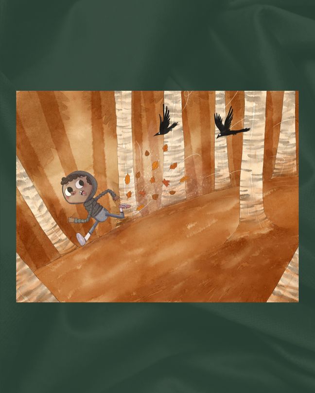 art of boy running from crows