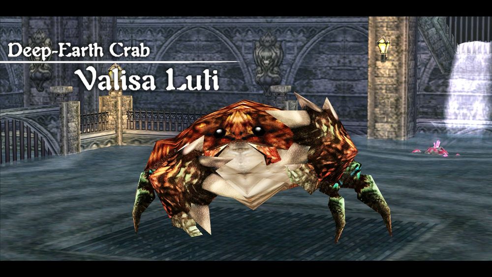 Screencap of a boss from Ys Seven with the introductory in-game caption "Deep-Earth Crab Valisa Luti". It IS a big crab, but it's not DEEP underground, being in a waterway under a city, but fair enough champ.