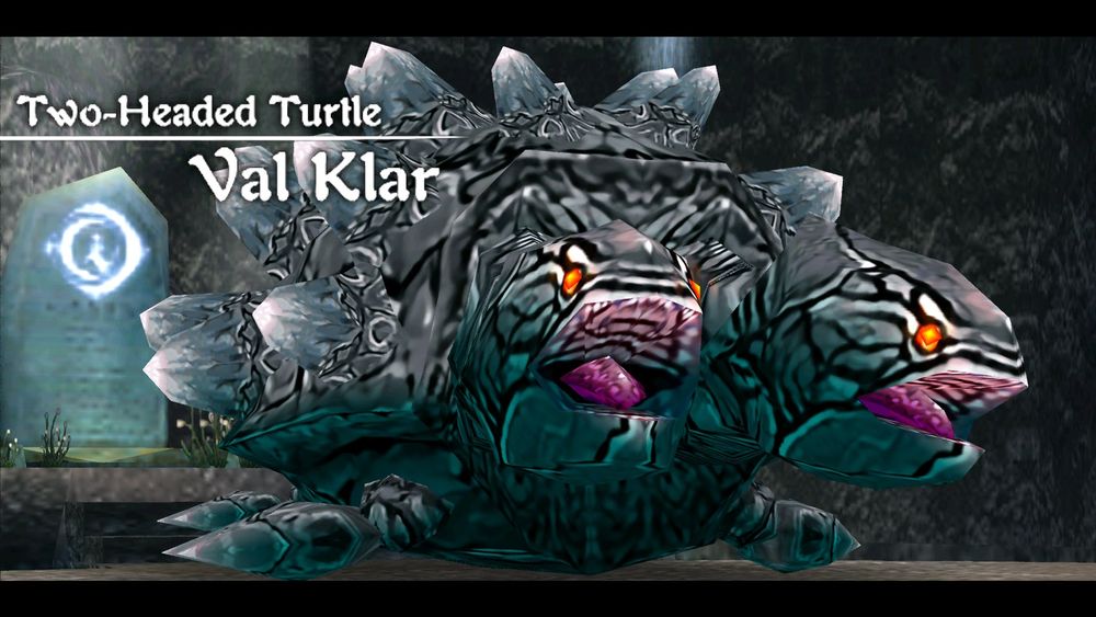 Screencap of a boss from Ys Seven with the introductory in-game caption "Two-Headed Turtle Val Klar". Said boss is, indeed, a two-headed turtle.