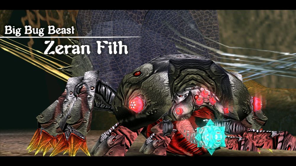 Screencap of a boss from Ys Seven with the introductory in-game caption "Big Bug Beast Zeran Fith". In a victory for truth in advertising, it is indeed a Big Bug Beast.