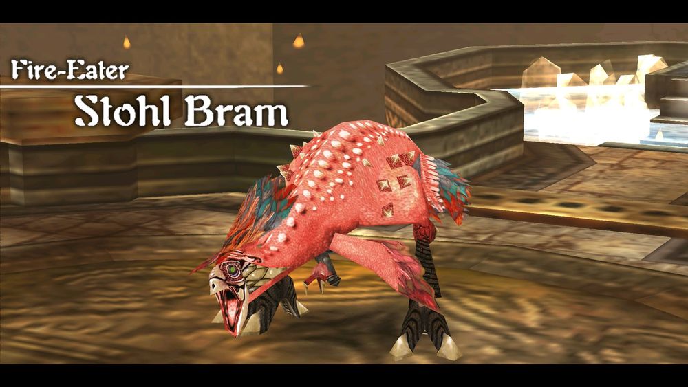 Screencap of a boss from Ys Seven with the in-game caption "Fire-Eater Stohl Bram". There's no hint of its diet from looking though, said boss being a giant angry red featherless chicken. Maybe it's so annoyed because it's not had any fire breakfast yet.