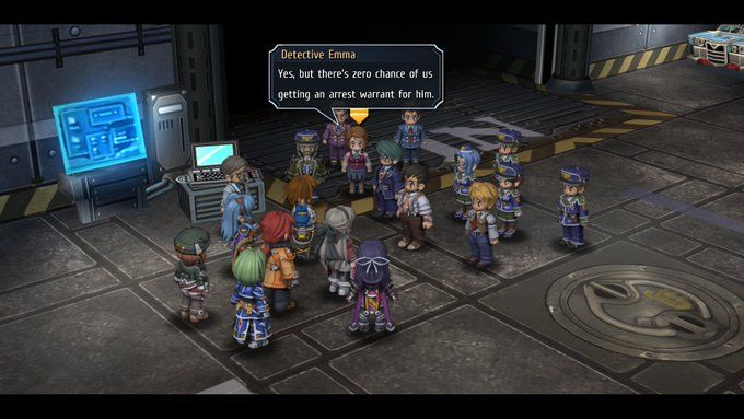 Screenshot from Trails to Azure of a bunch of police officers in a car park, with a textbox featuring a character (Detective Emma) saying "Yes, but there's zero chance of getting an arrest warrant for him."