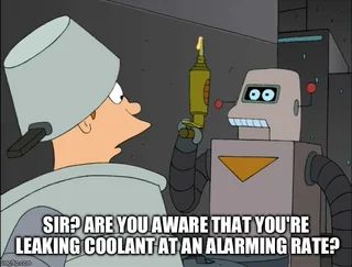 Robot offering Fry from Futurama some searing hot resin with the text "Sir? Are you aware that you're leaking coolant at an alarming rate?"