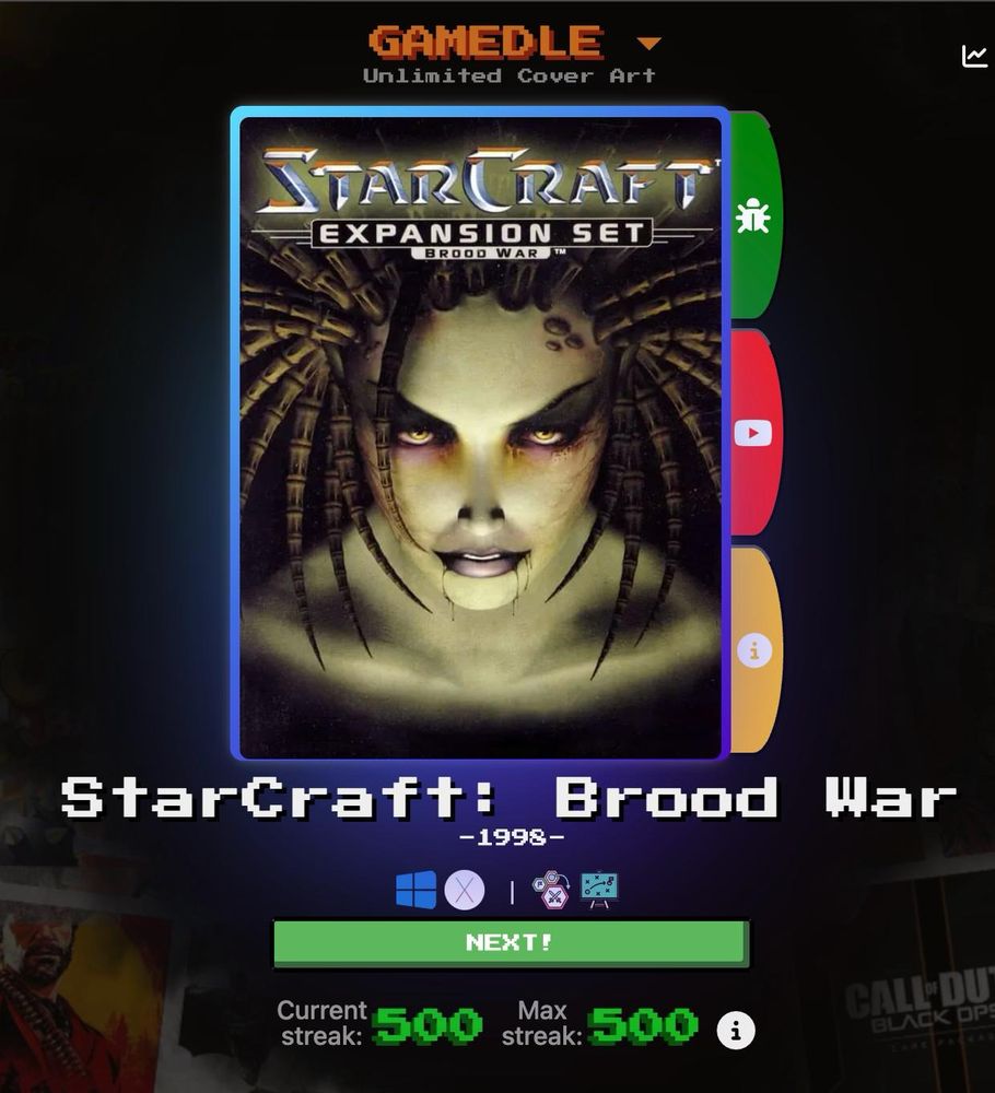 Gamedle screenshot showing StarCraft Brood War and the current and max streak at 500