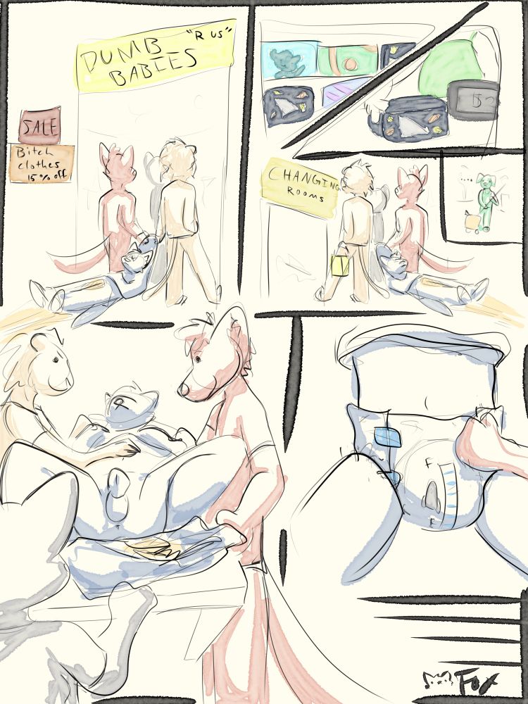 Mortified, Ash’s friends drag the paralyzed pee soaked pup to the nearest store to pick up a fresh change of clothes. After finding the right diapers and a new outfit, it’s time to hit the changing room to get Ash cleaned up and into some dry pants!