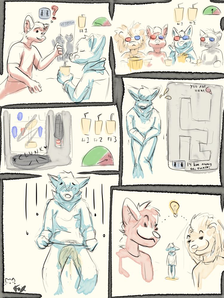 At the mall food court, Ash stays and finishes their drink while others use the bathroom. At the movie they have a second drink, and afterwards another from the vending machine. Now on the verge of having an accident with no bathroom in sight, the desperate fox floods their pants. The others, seeing their friend soaked with pee, come up with a plan to help out this embarrassed potty pants