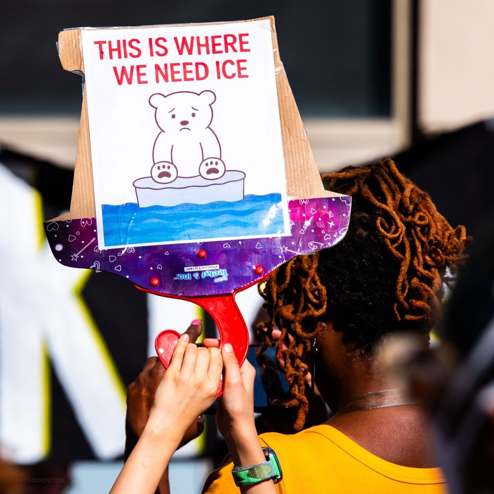 Color. Day. A small sign held by an activist. An cartoon rendering of a sad polar bear, sitting on a small ice floe, surrounded by water. Red text: "This is where we need ICE."
