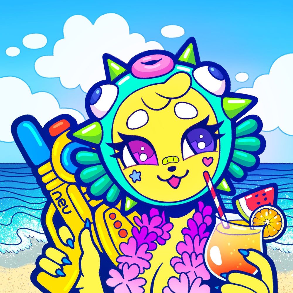 a yellow bunny girl holding a kid's water gun in one hand and a tropical beverage in the other. She's wearing a pink flower lei and a hood that looks like a goofy puffer fish. She's on a beach with the ocean and blue cloudy sky behind her.