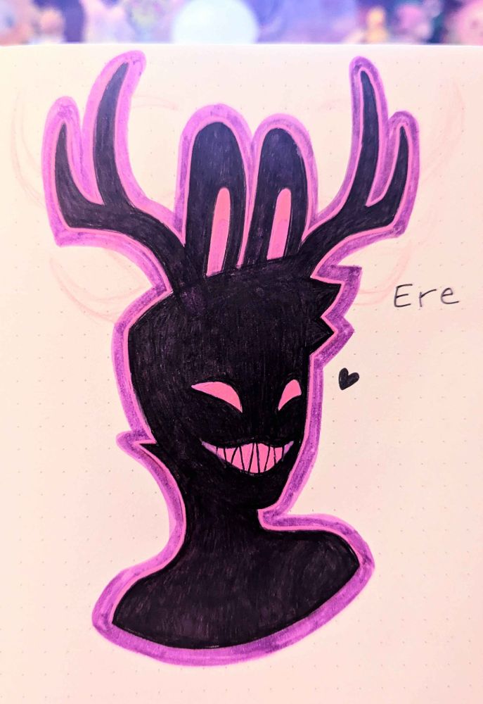 a black bunny man with antlers, glowing eyes and a wide sharp-toothed smile. 