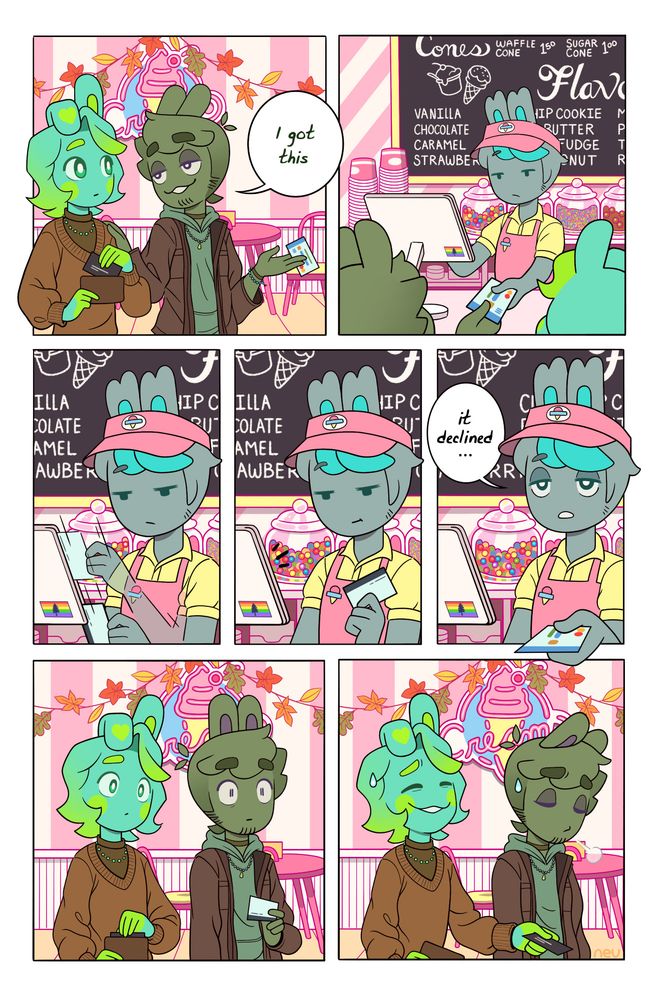 two guys on a date at an ice cream shop - one goes to pay for them, but his card declines and his partner has to pay..