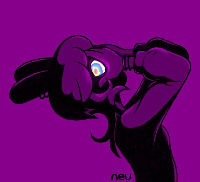 an anthro bunny character with their head tipped back and their hands on their face and one glowing colorful eye visible behind their hand. 