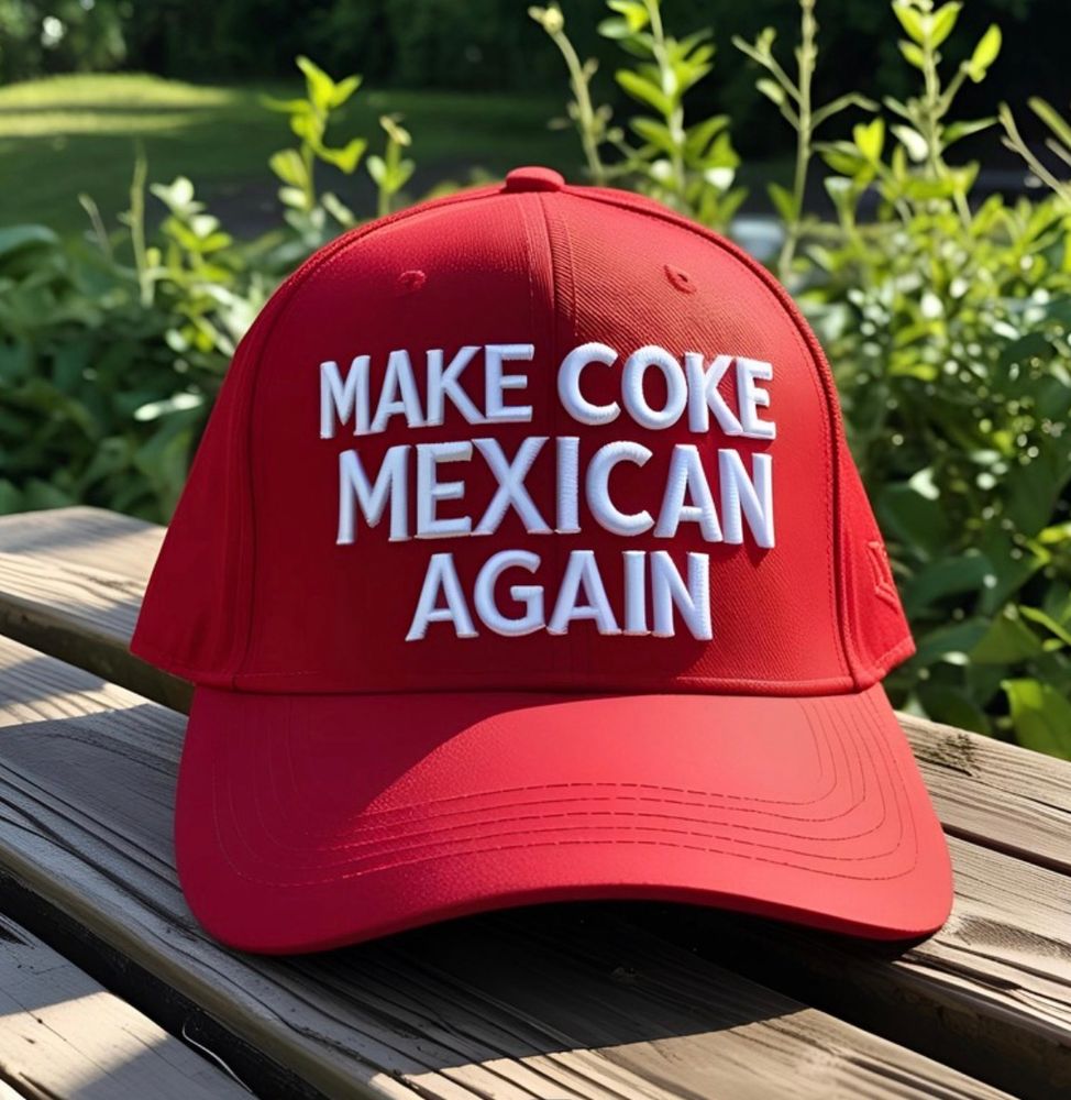 A red baseball cap with the words “make Coke Mexican again”
