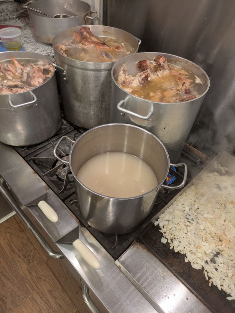 4 stock pots with bones, rolling for 6 hours. 
