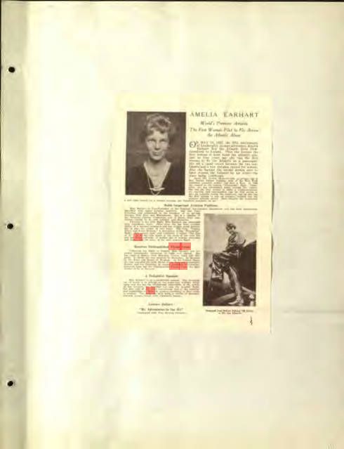 Page from Amelia Earhart's "Scrapbook #9/1932-1933," from the Purdue Library Archives. Black and white page of a program with photos of Amelia and her name highlighted with pink highlighter.