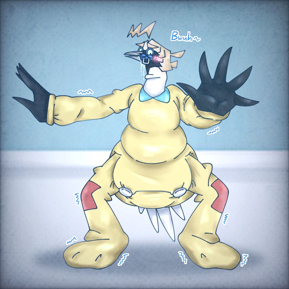 Lazaret (anthro bird) regressing to the age of a baby as she tries to walk. She is wearing an infantile yellow onesie as she squats, having a bit of trouble balancing herself as she drools and babbles, sucking on her pacifier. Her diaper is almost fully covered by her onesie, still bulging out a bit due to its poofiness.