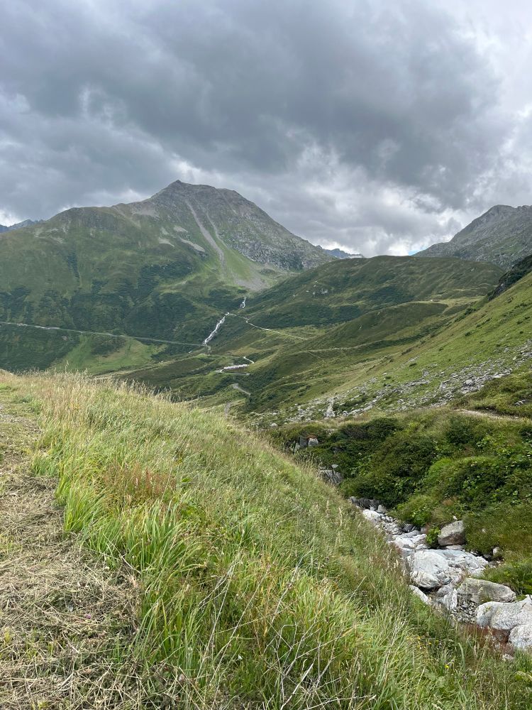 Photo of mountains with a small stream in foreground, grass on either side, two peaks in the distance with some trees and scree.
