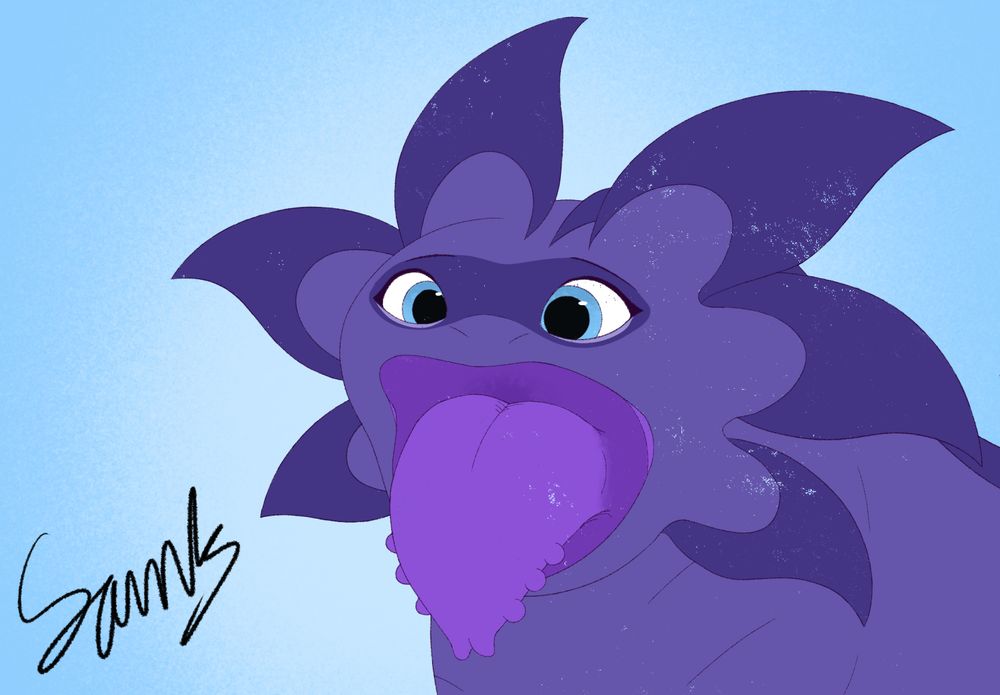 Headshot of a purple dracolotl showing off her maw. Her tongue is hanging out of a wide open mouth and her expression is neutral.