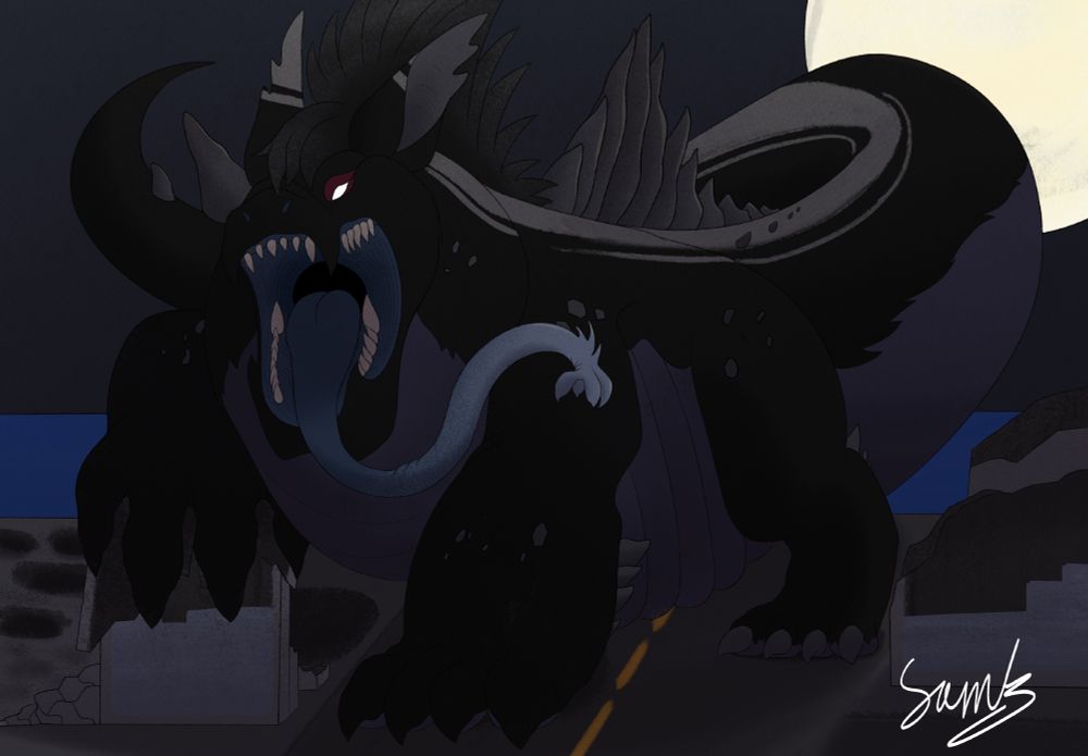 A gigantic kaiju creature (her name is Weor) laying waste to a city. Several buildings are destroyed and there are craters. The moon shines behind Weor. Her mouth is wide open and her tongue stretches out with finger-like appendages on the tip.