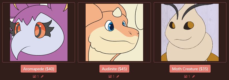 A screenshot from Sam's toyhouse showing three different characters (an aromatisse scolipede hybrid, an audino dragonite hybrid and a moth creature) with costs attached to them (40, 45 and 35 respectively)