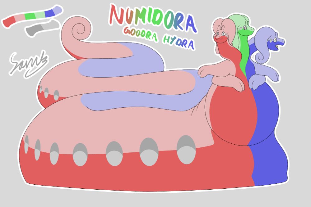 A reference sheet for a goodra naga with three heads and two pairs of arms.