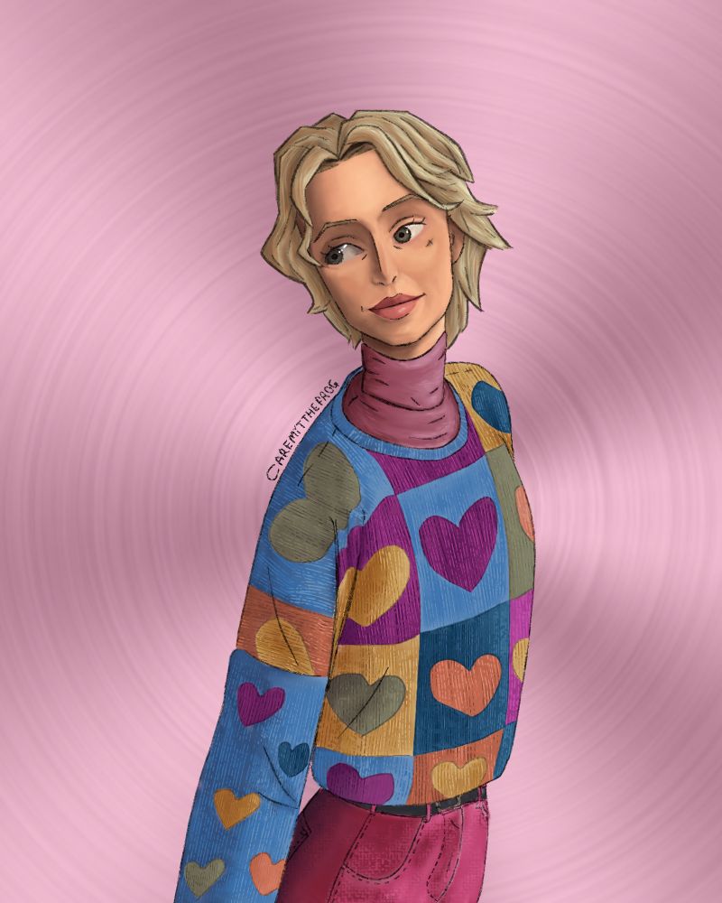 self portrait digital drawing of me wearing a rainbow heart sweater over a pink turtle neck and pink jeans. the hair is blonde, short with layers. over a pink background 