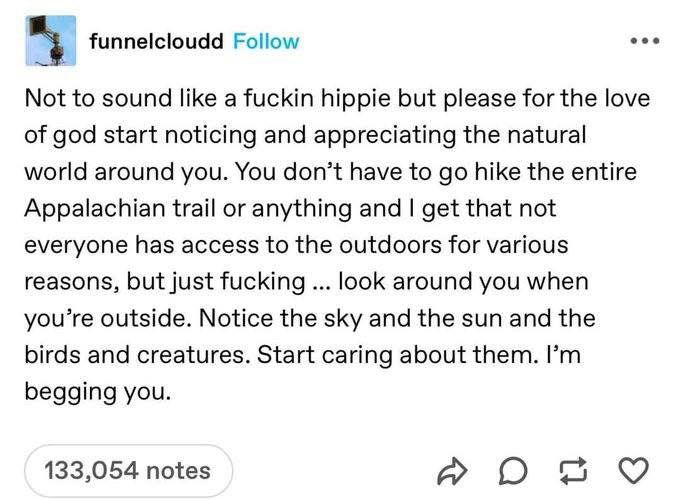 funnelcloudd on tumblr says

Not to sound like a fuckin hippie but please for the love of god start noticing and appreciating the natural world around you. You don't have to go hike the entire Appalachian trail or anything and I get that not everyone has access to the outdoors for various reasons, but just fucking ... look around you when you're outside. Notice the sky and the sun and the birds and creatures. Start caring about them. I'm begging you.