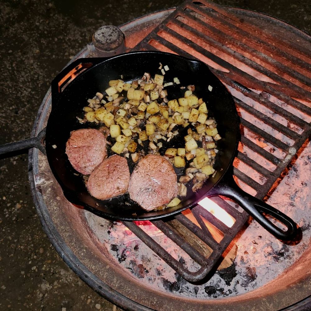 Three little steak medallions and cubed potatoes with seasoning, in a cast iron skillet over a state park cooking grate and a hardwood fire.