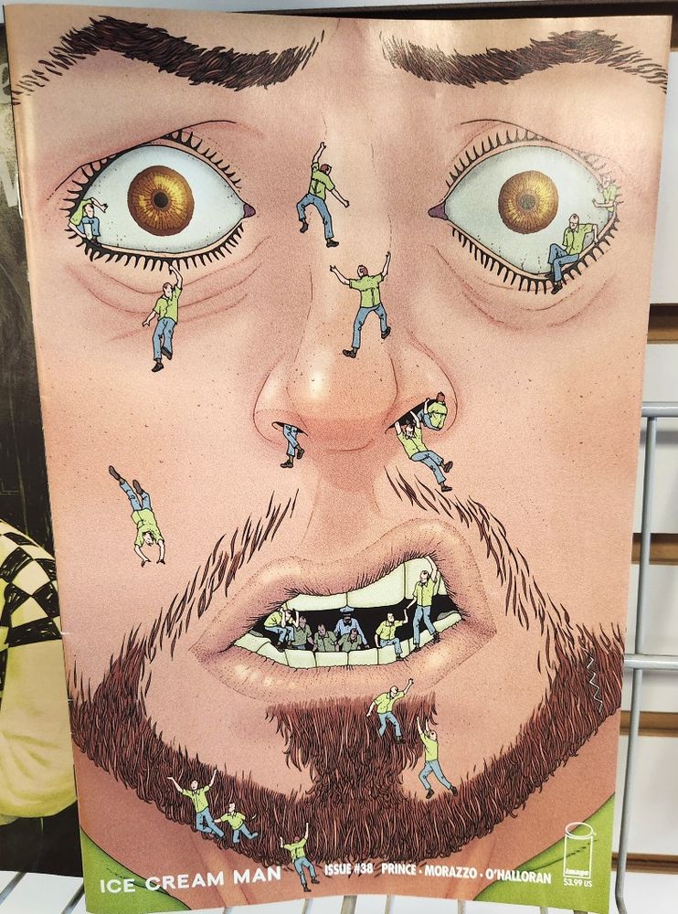 Illustration of a frightened-looking man with dozens of tiny versions of himself crawling out of his mouth and down his beard, into his nostrils, into and out of his eyelids.