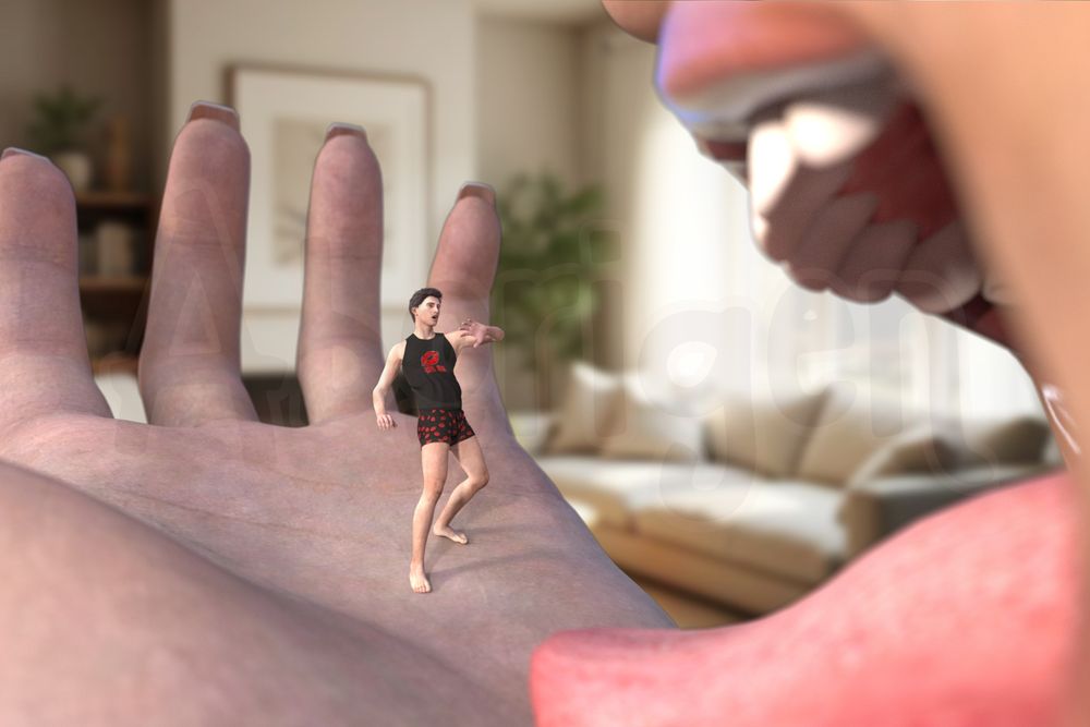A tiny man in a black tank top and black boxers, both emblazoned with lipstick prints and the words "Kiss Me," stands in the center of the huge open palm of a gigantic woman. He rears in terror, one arm thrown up defensively, as her huge mouth looms in from the side, her large tongue unfurled like the proverbial red carpet, inviting him inside.