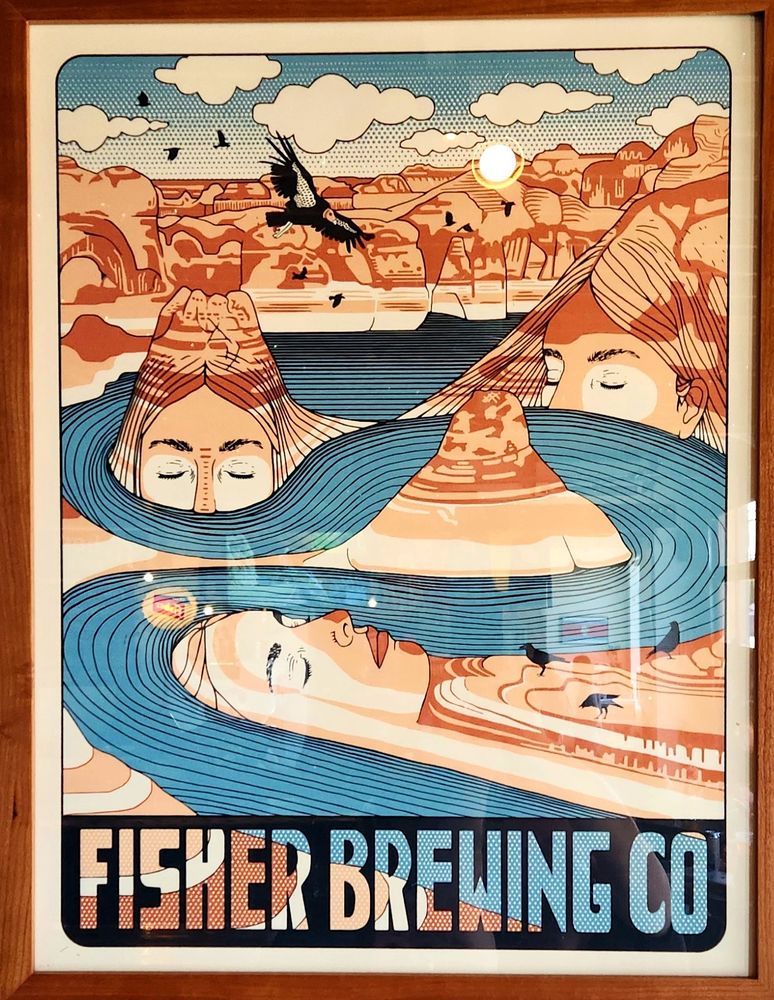 Illustration of gigantic women's heads forming mesas and mountain ridges through the meander of a river.