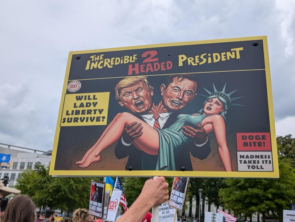 Circus show sign of the incredible two headed president trump and musk captured lady liberty. Will she survive.