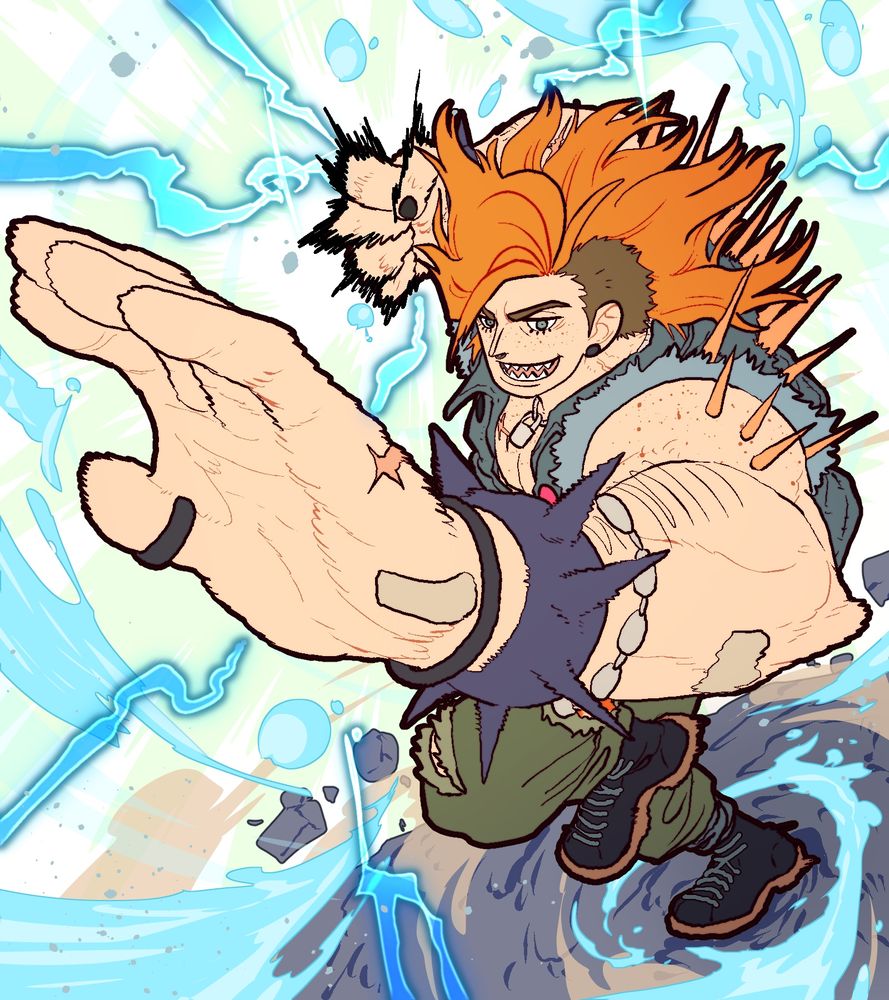 Dynamic artwork of Maren holding his fist back and preparing a punch with a smile and his hair blowing in the wind. His hand is close to the camera as his other hand is pulled back in preparation to attack as water and haki swirl around it.