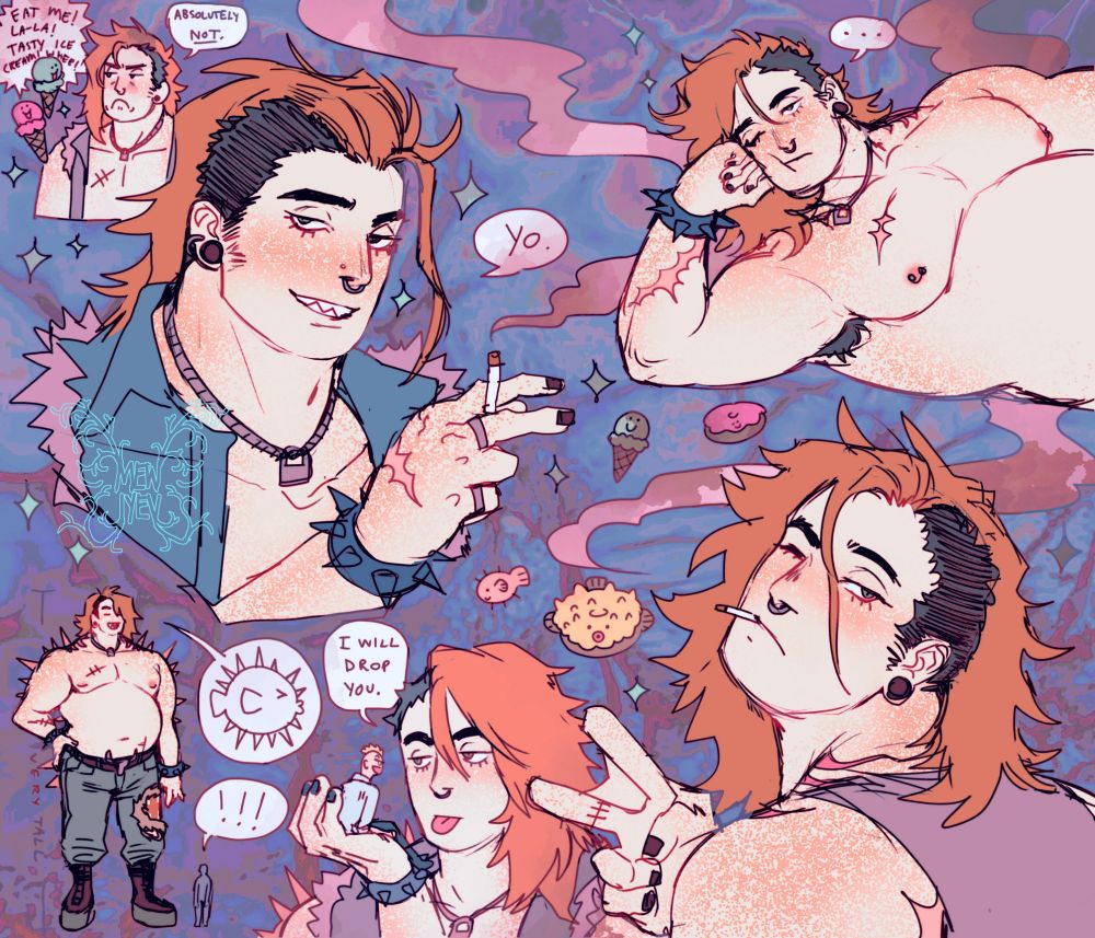 Various colored sketches of Maren,
a One Piece OC. The top left of the
image has a small drawing of Maren
frowning heavily at ice cream homies
who are singing and asking him to eat
them, while he responds "absolutely
not." Next to that sketch is a larger
image of Maren holding a cigarette
with a handsome grin, his hair pushed
back out of his face. To the right is an
image of Maren, shirtless, laying on his
side looking bored. To the bottom right
of the image is Maren looking back
at the camera with a cigarette in his
mouth and his hands in a peace sign.
At the bottom middle of the image is a
very large Maren holding Marco in his
hand, sticking his tongue out at him,
threatening to drop him. To the bottom
left iS a small diagram of Maren at his
full, puffed up 20'~ height next to an
average sized person. The background
has water texture and smoke, and there
are little drawings of fish and donuts
and ice creams littered around the
image.