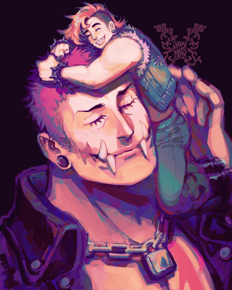 Soft painted artwork of Katakuri and a very small Maren. The image is zoomed up to Katakuri’s head which has a relaxed, happy smile as he holds onto Maren gently. Maren grabs onto his hair to hug the side of his head with a massive grin on.