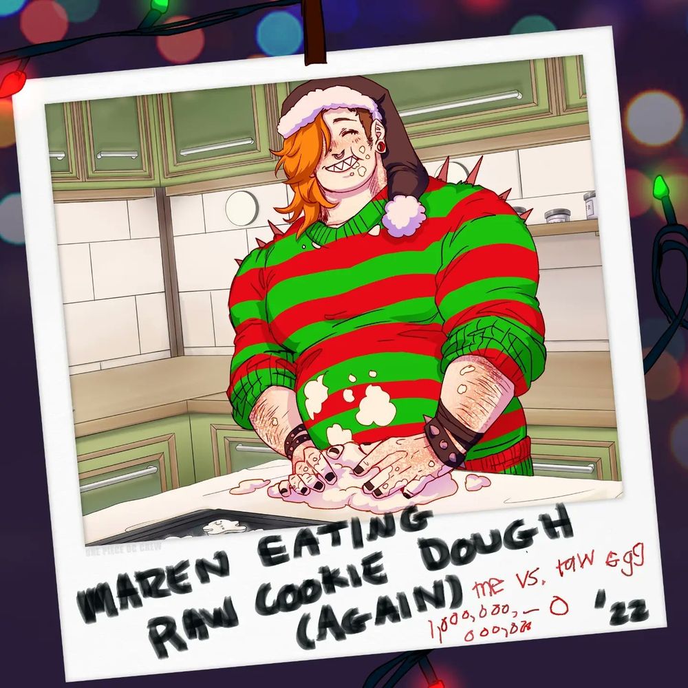 Fake Polaroid image of a One Piece OC, Maren, eating cookie dough as he shapes it with his hands.