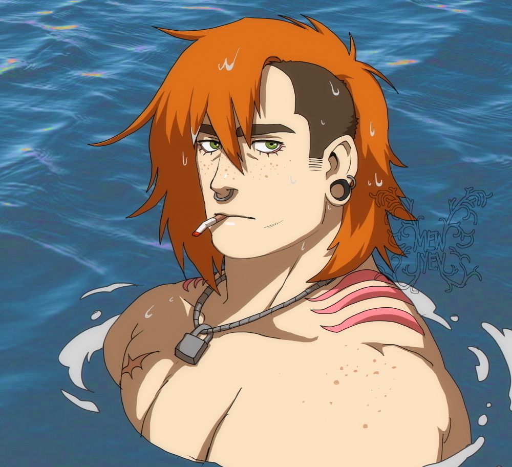 Colorful artwork of Maren in the ocean with a wet cigarette looking a little bit perturbed.