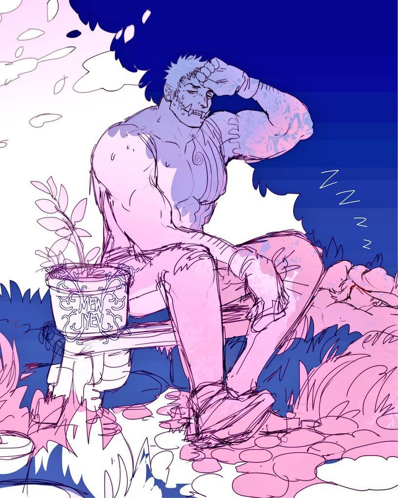 Katakuri resting during gardening as Maren is completely asleep in the background.