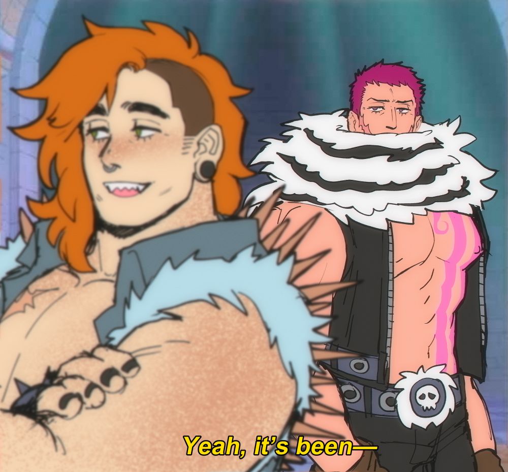 Anime style screenshot of Katakuri and Maren as Katakuri watches Maren from behind with a sad look. Maren is slightly blurred and is talking to someone off screen.